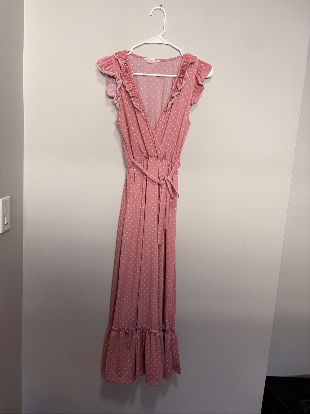 Caution To The Wind Pink Polka Dot Ruffle Wrap Maxi Dress